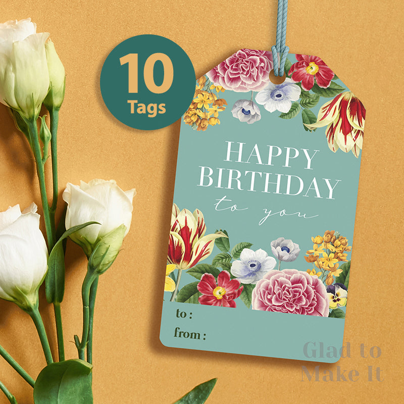 Hang Tag happy birthday flowers green